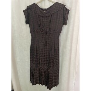 Vintage Brown and Black‎ Herringbone Dress Fitted with Pleated Hem 50s size S-M